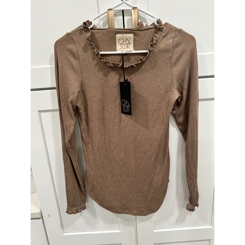 CHA SOR‎ Ribbed Ruffle Trim Long Sleeve Top Fitted Tee Brown Size S